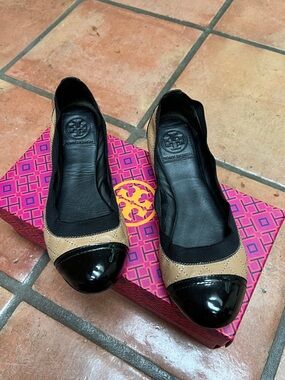 Tory Burch Beige Quilted Flats with Black Patent Cap Toe